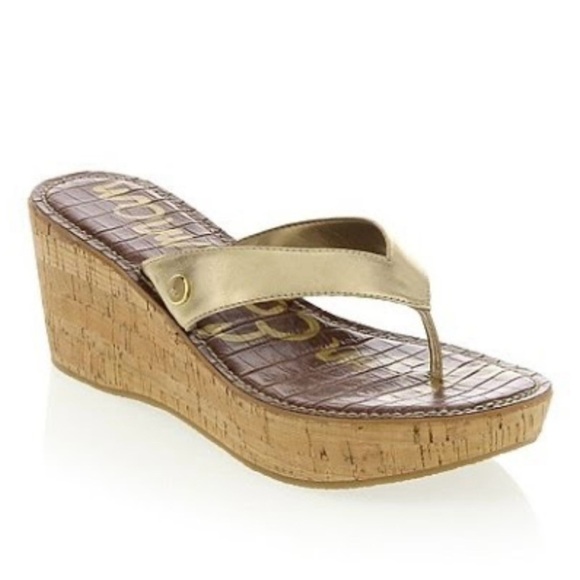 Sam Edelman Romy Cork Wedge Platform Sandal Gold - Picture 1 of 15